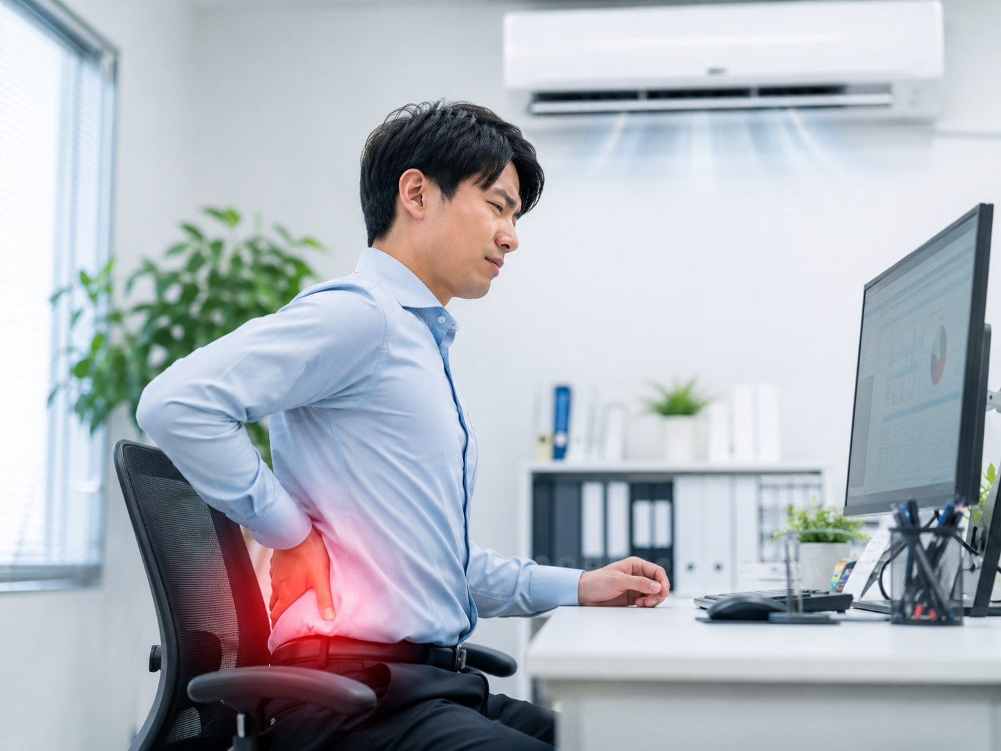 冷房と座りっぱなしで腰まわりに負担を感じるイメージ