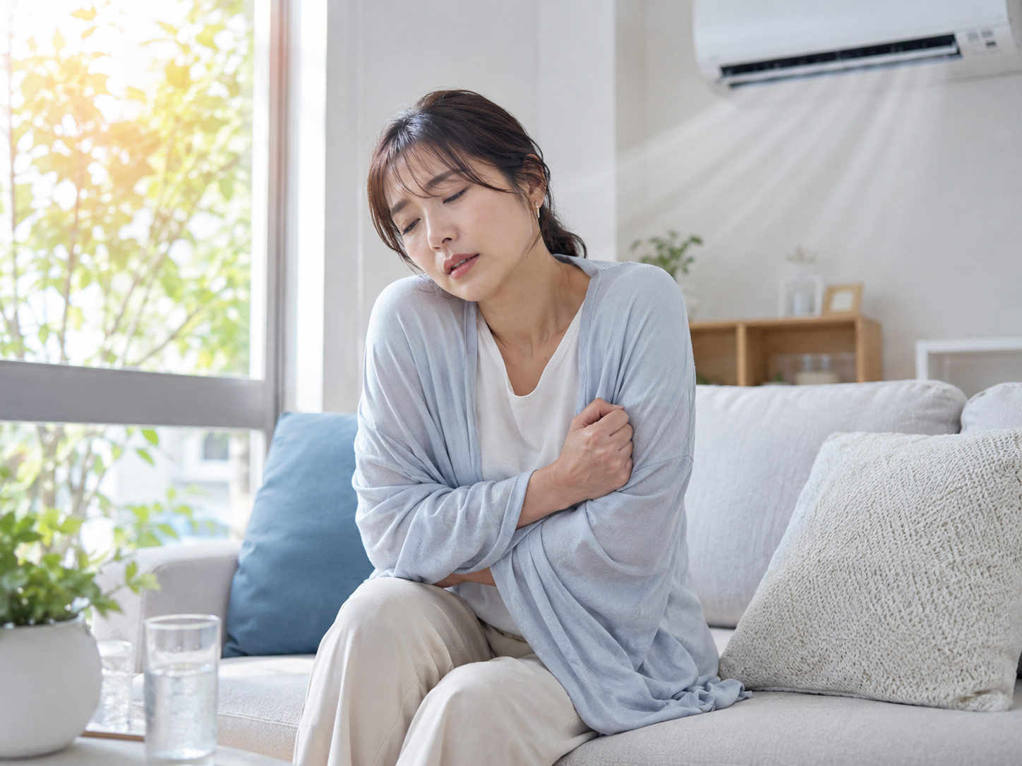 暑さと冷房の気温差で自律神経が乱れやすい夏バテのイメージ