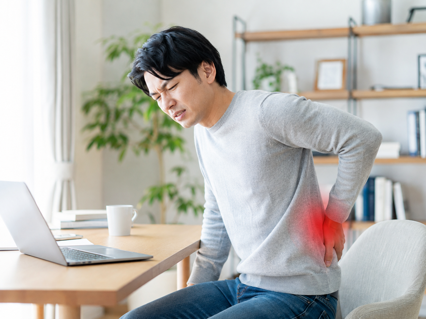 長時間座ったあとに腰痛や足の違和感を感じるイメージ