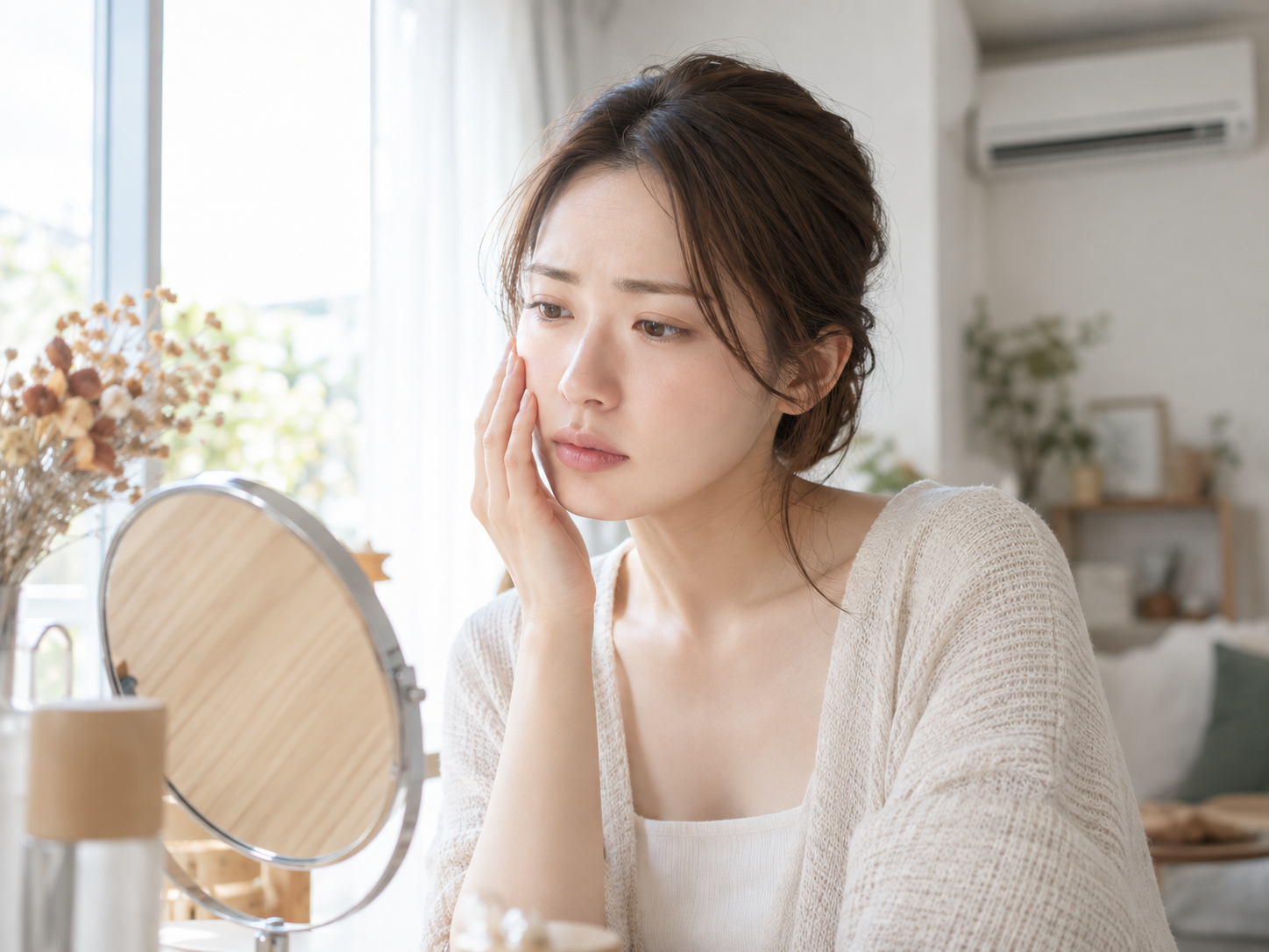夏の紫外線と冷房で秋に肌疲れを感じるイメージ
